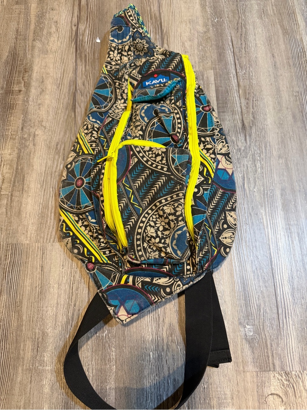 Kavu Multicolor Patterned Crossbody Sling Bag with Bright Yellow Zippers